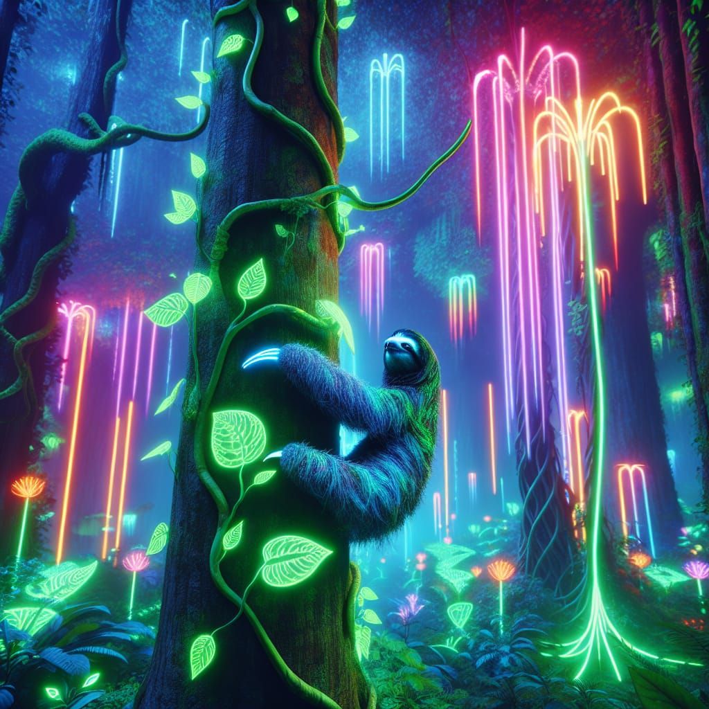 Biopunk Sloth in a Neon Jungle
