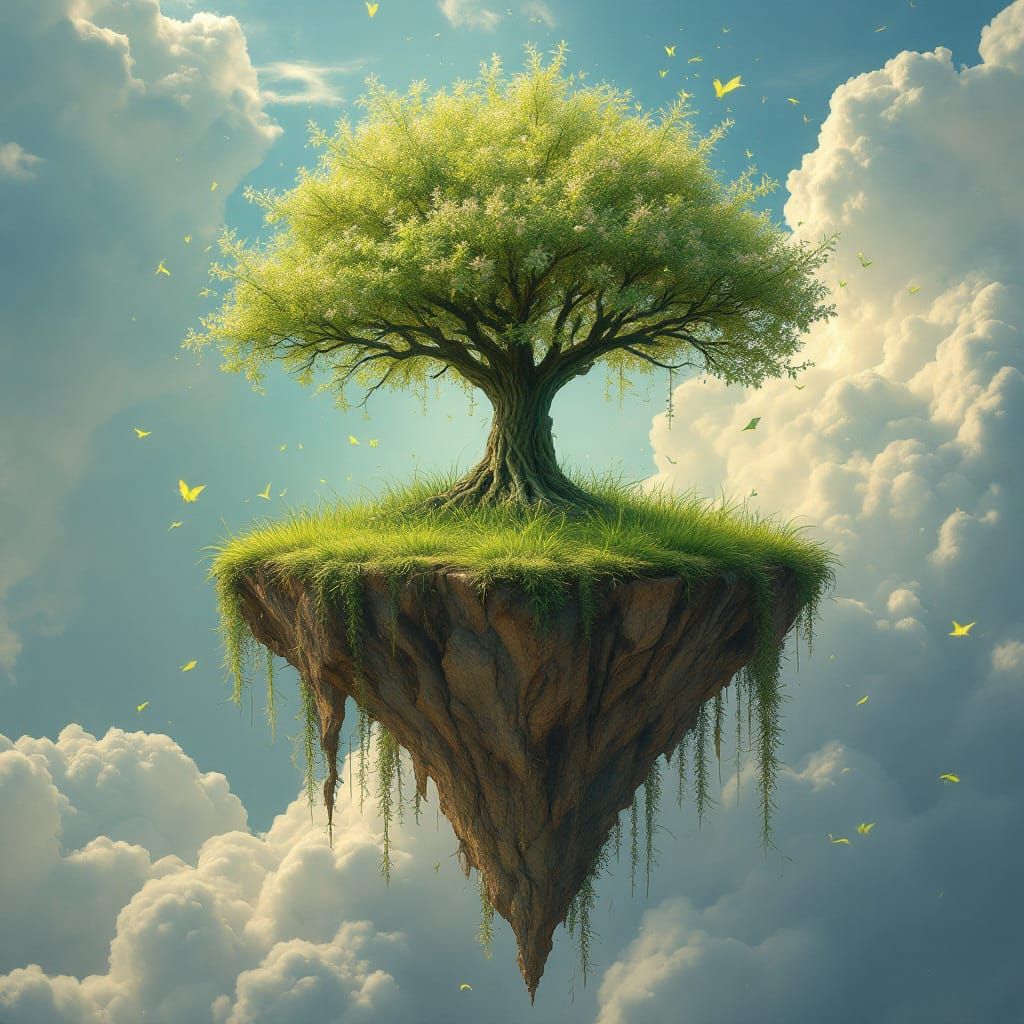 Divine Island in Sky with Rainbow Tree