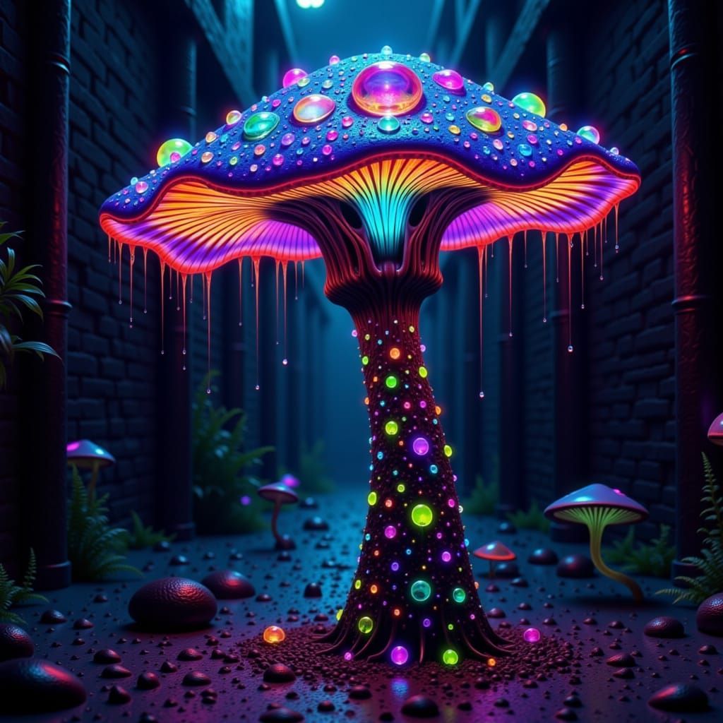 Bioluminescent Mushroom Graffiti Art in Dark Alley