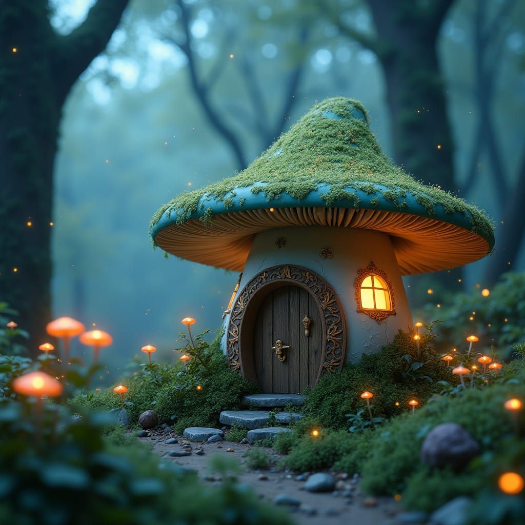 Whimsical Fairy Mushroom House in Enchanted Bioluminescent F...