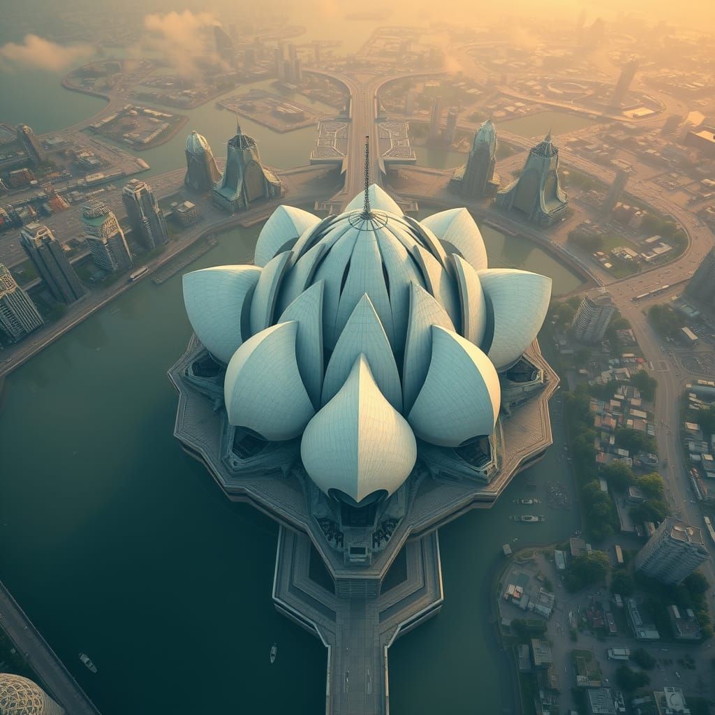 Futuristic Cityscape: Lotus Building in Bird's Eye View