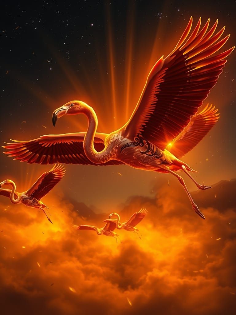 Giant Aztec Flamingos in Golden Nightscape