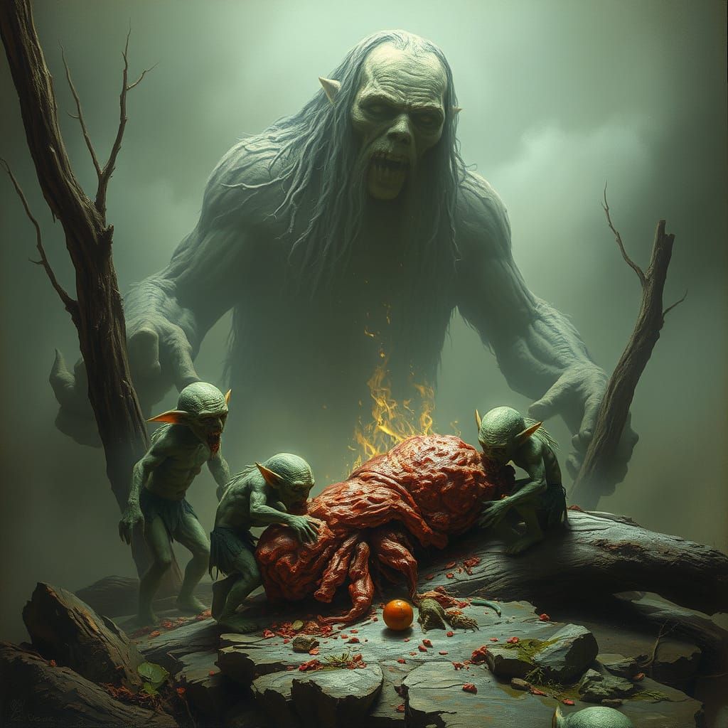Dark Fantasy Art: Pale Goblins Feast on a Dying Giant