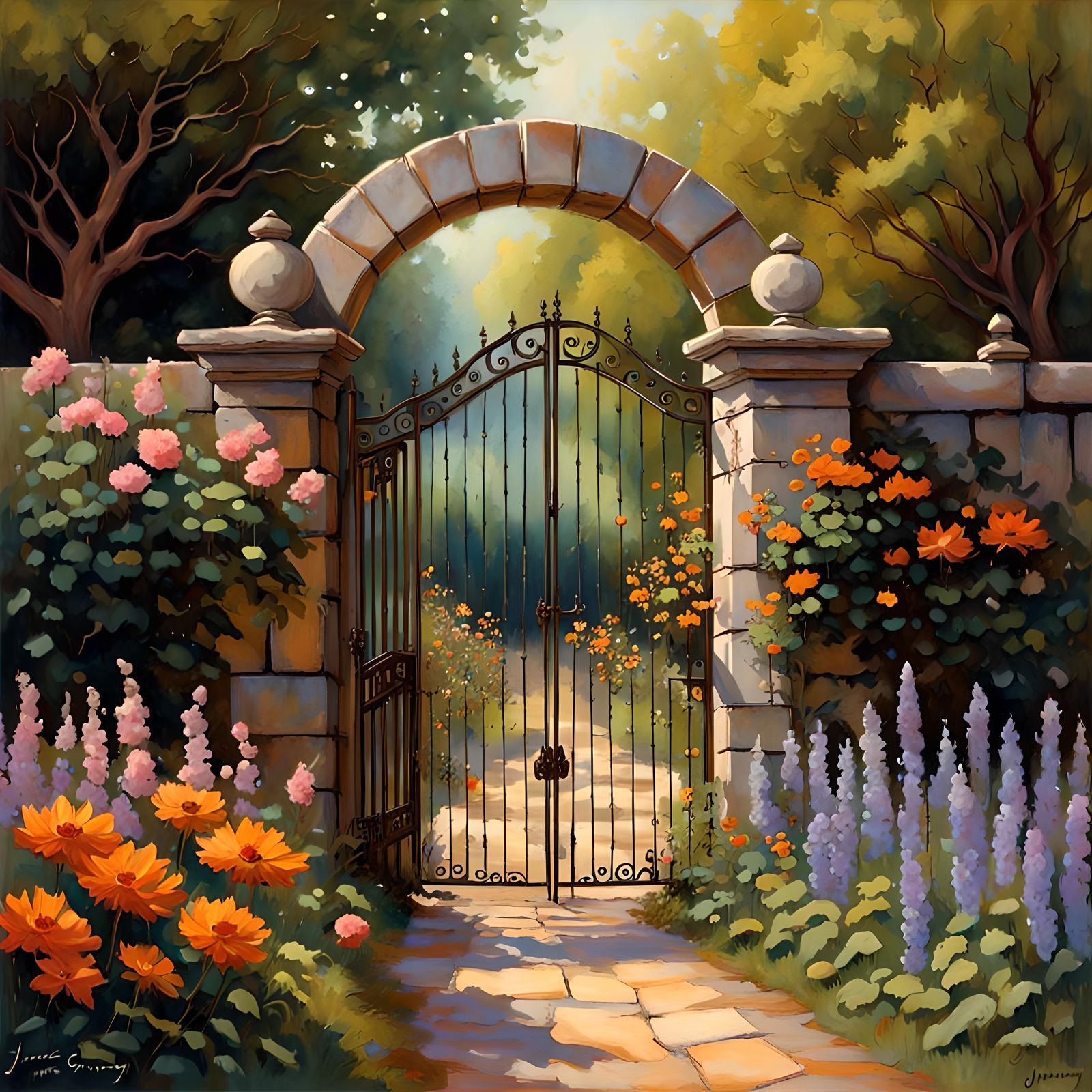 Enigmatic garden tales, gate, flowers,  art reference James Gurney