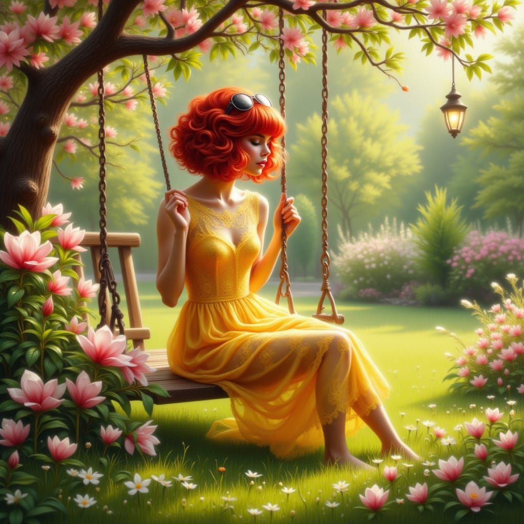 Woman in Yellow Dress Sits in Lush Park
