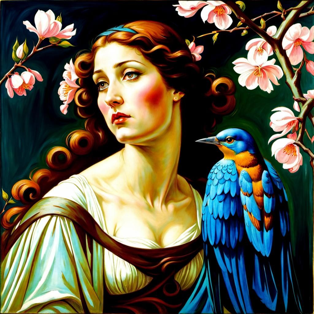 Distraught Woman Reveals Bluebird on Sakura Branch