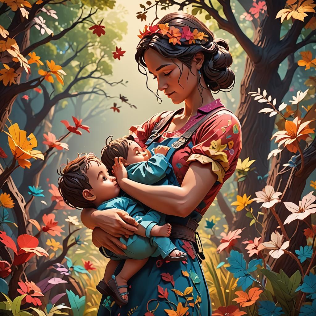 Mother and Child in Vibrant Papercut Style