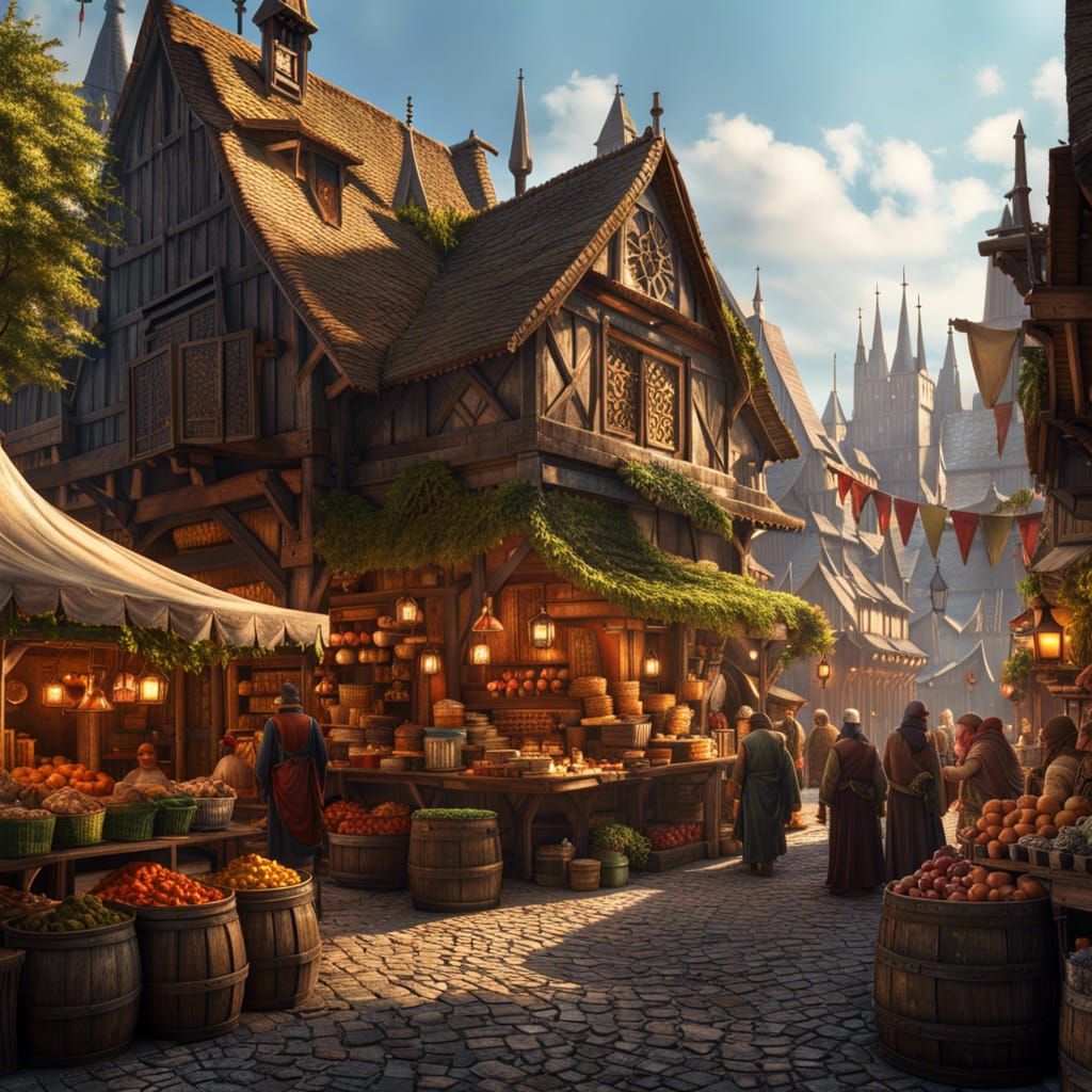Fantasy Medieval Market in Hyperdetailed 8K