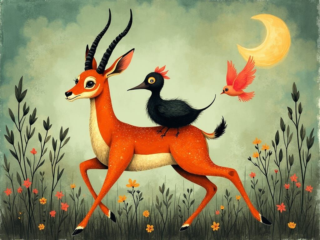 Whimsical Gazelle and Muse in Storybook Illustration