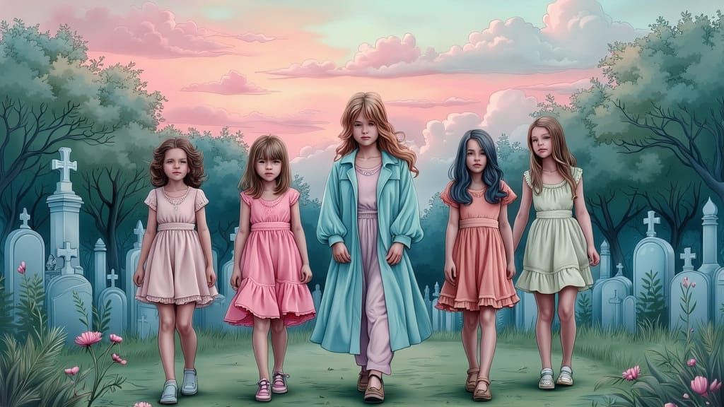 Frightened Teens in Pastel Cemetery Cartoon