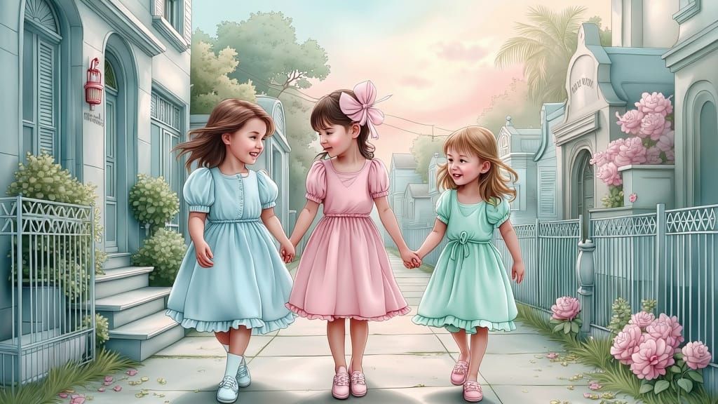 Girls Stroll Through Whimsical Cemetery in Pastel Style