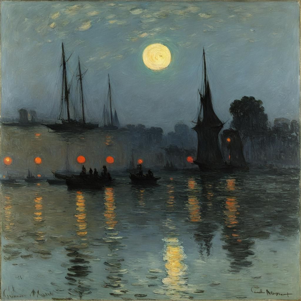Impressionist Moonrise Landscape in Monet Style