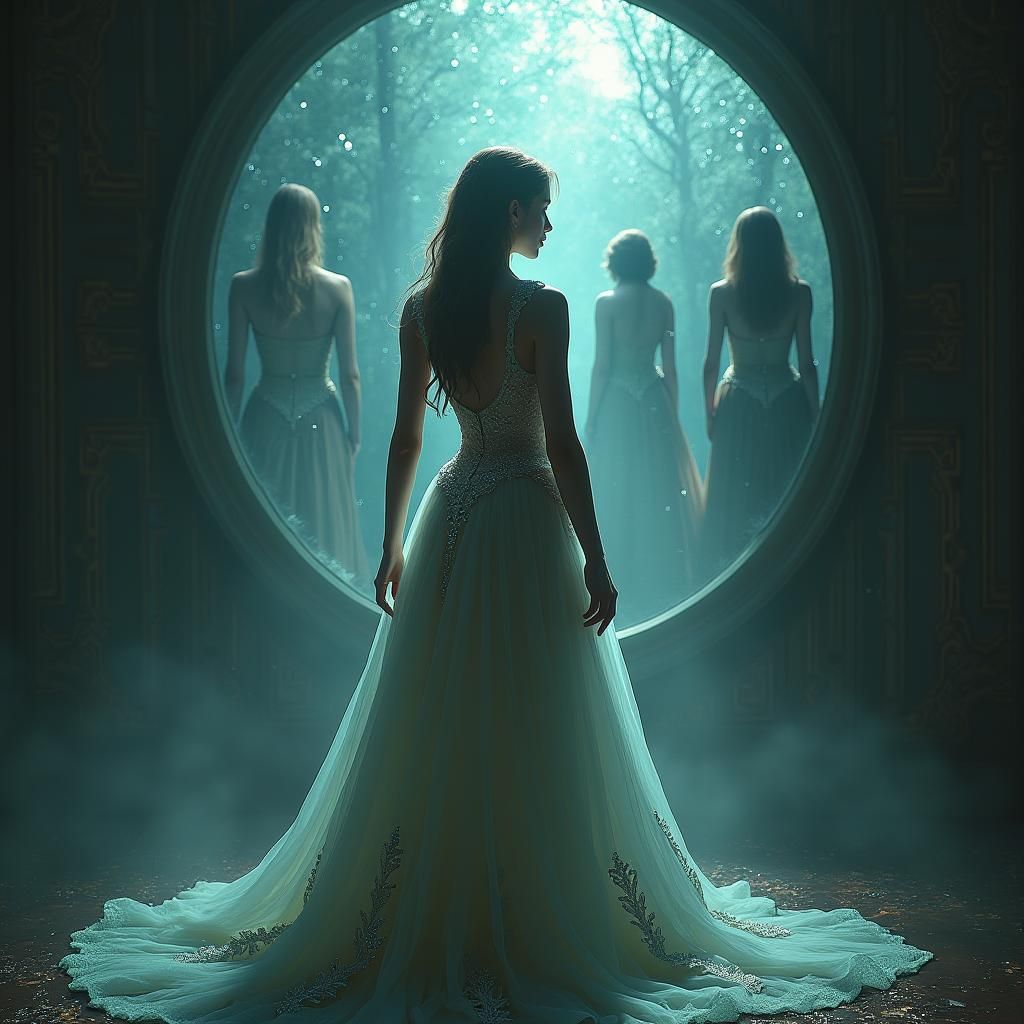 Mystical Mirror Reflecting Enigmatic Figures in Fantasy Art
