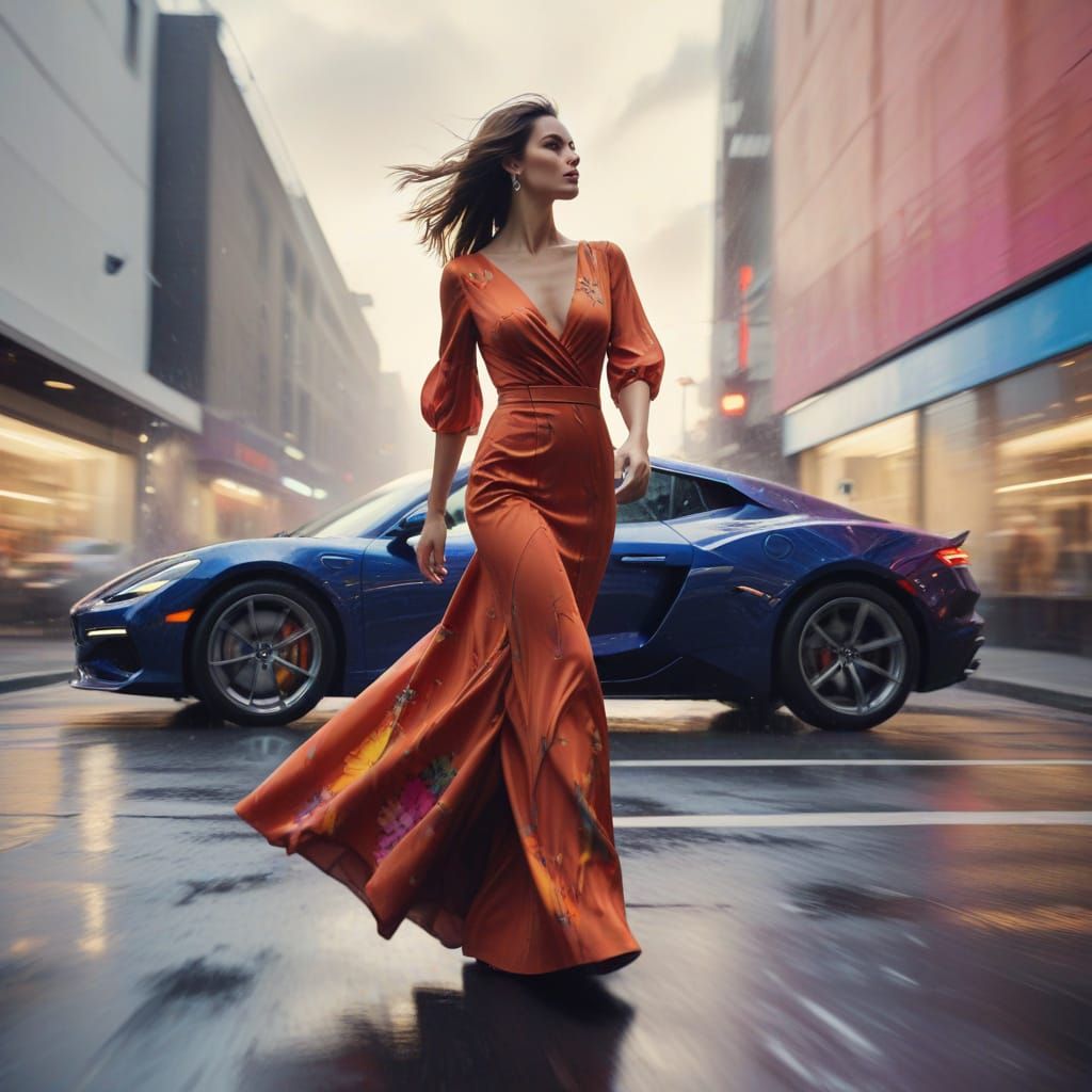 Woman in Abstract Floral Dress with Car