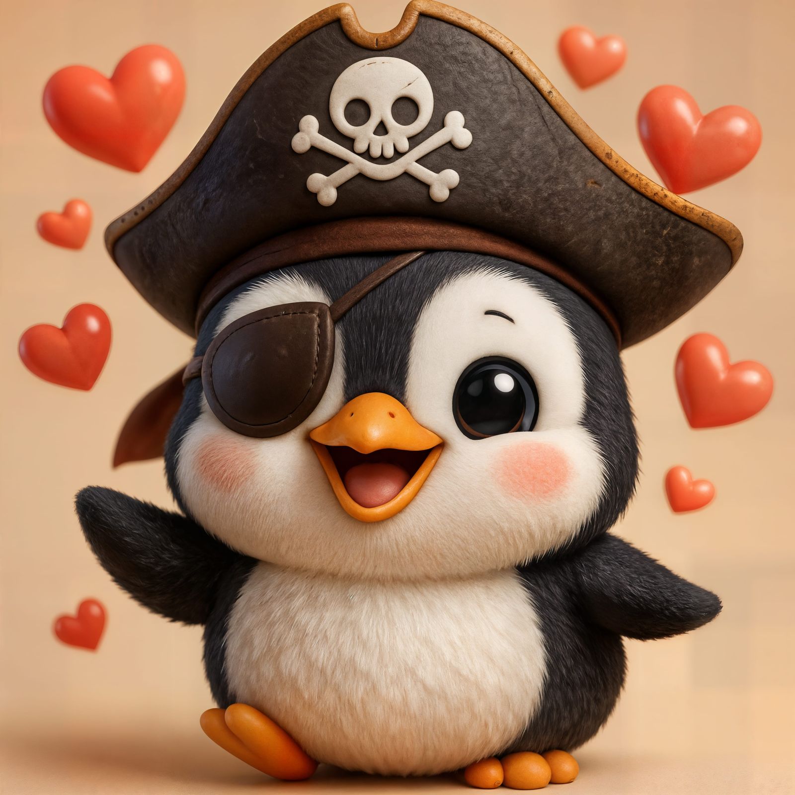 Adorable Chibi Pirate Penguin Surrounded by Hearts