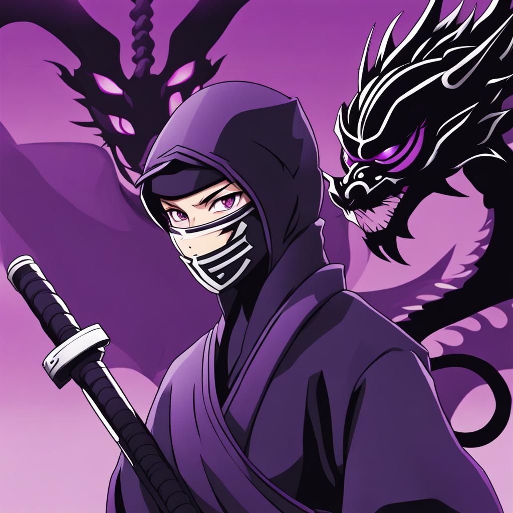 Ninja with Oni Mask and Dragon in Anime Style