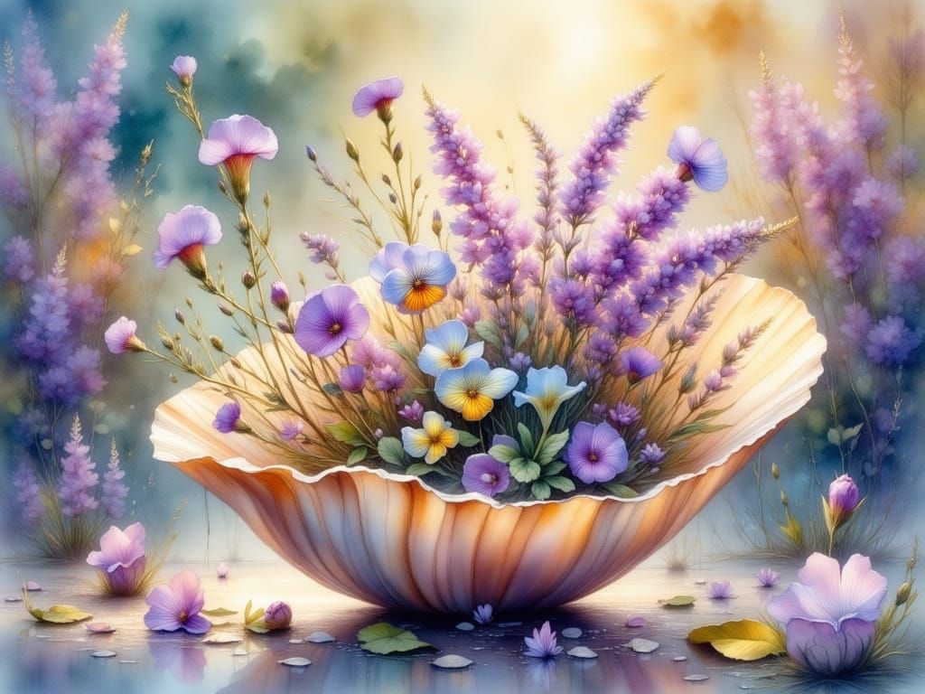 Fern and Violet Bouquet in Mother-of-Pearl Shell