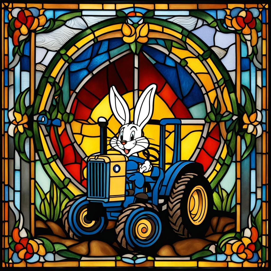 Bunny on a tractor stained glass