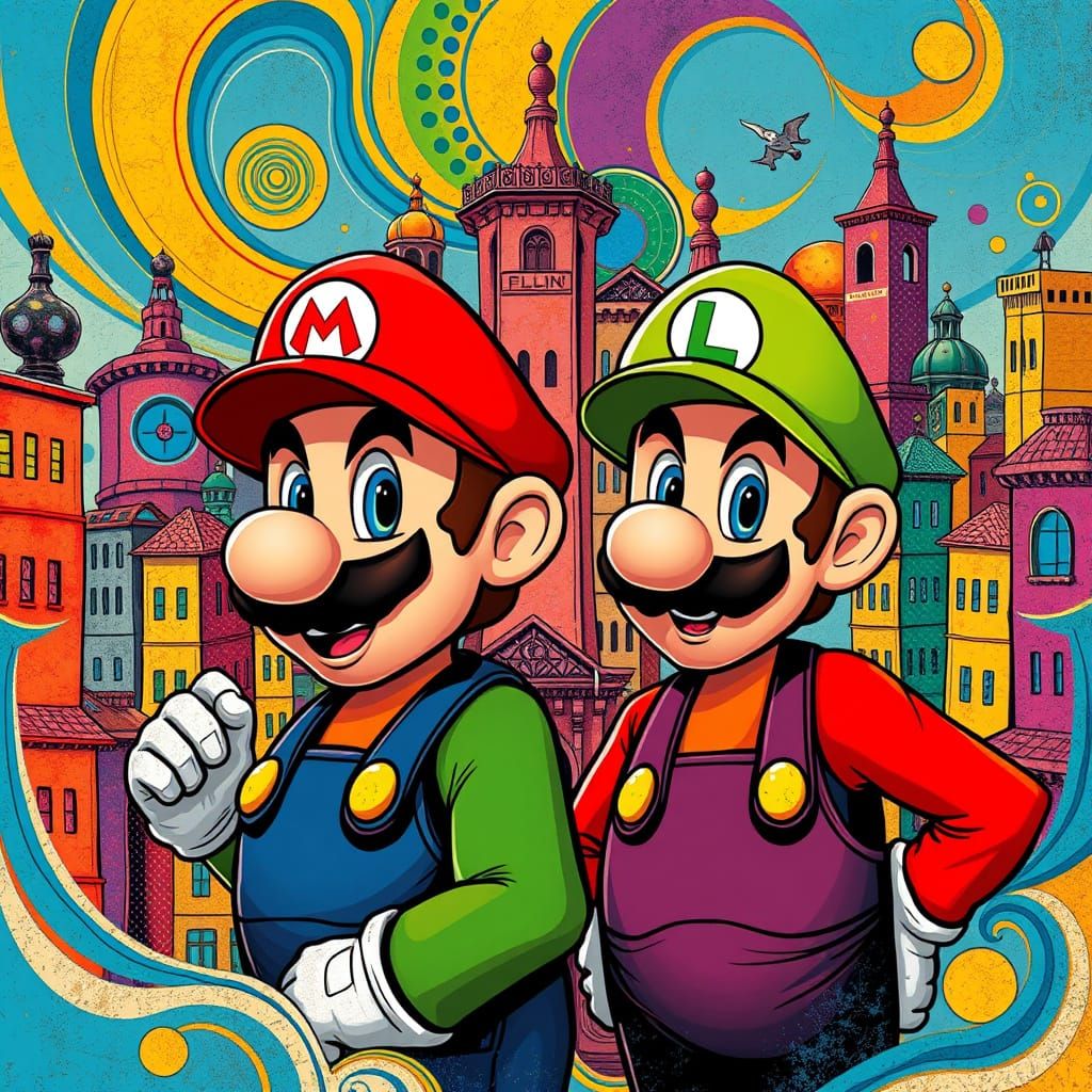 Mario Bros in Vibrant Cityscape Art