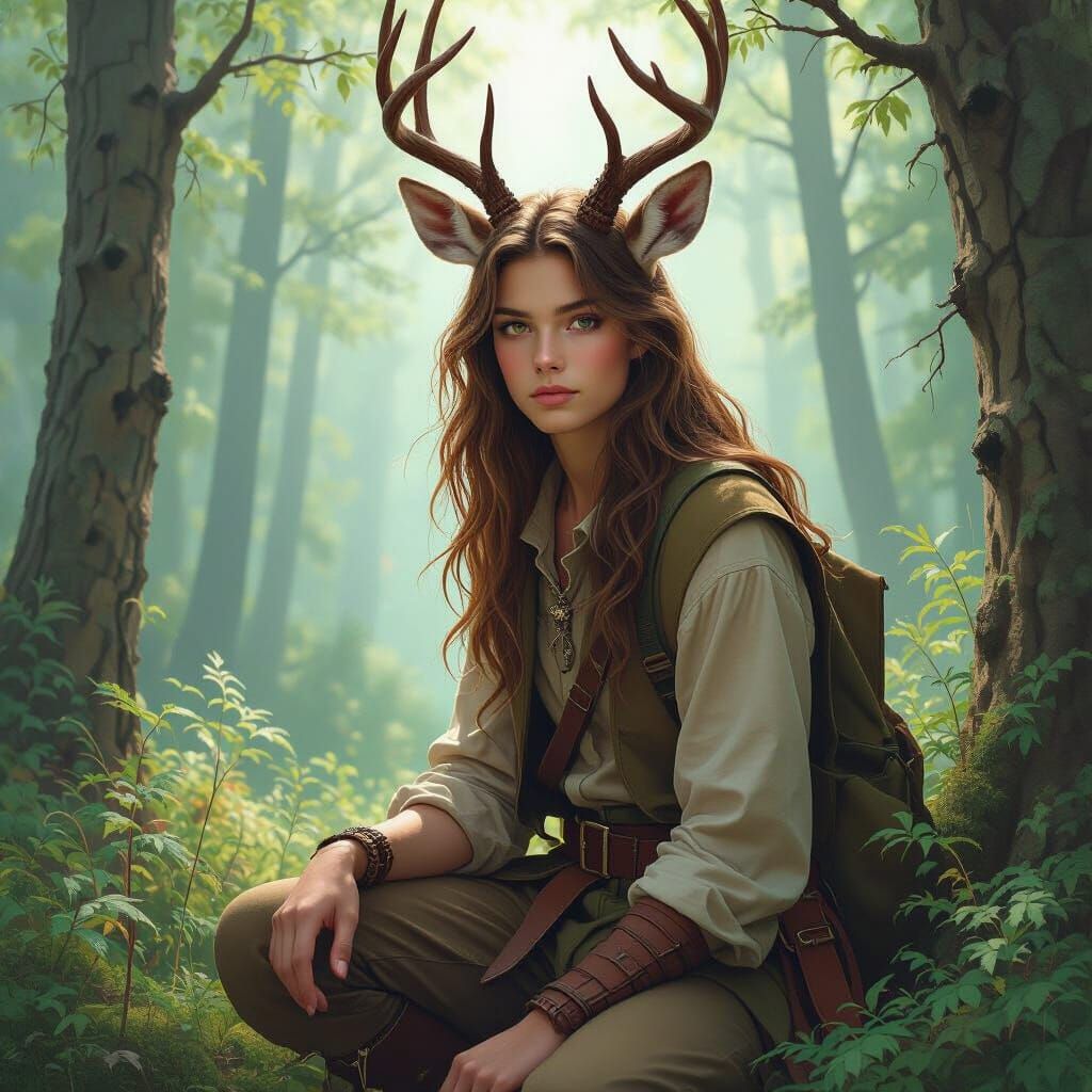 Teenager with Deer Features in Mystical Forest