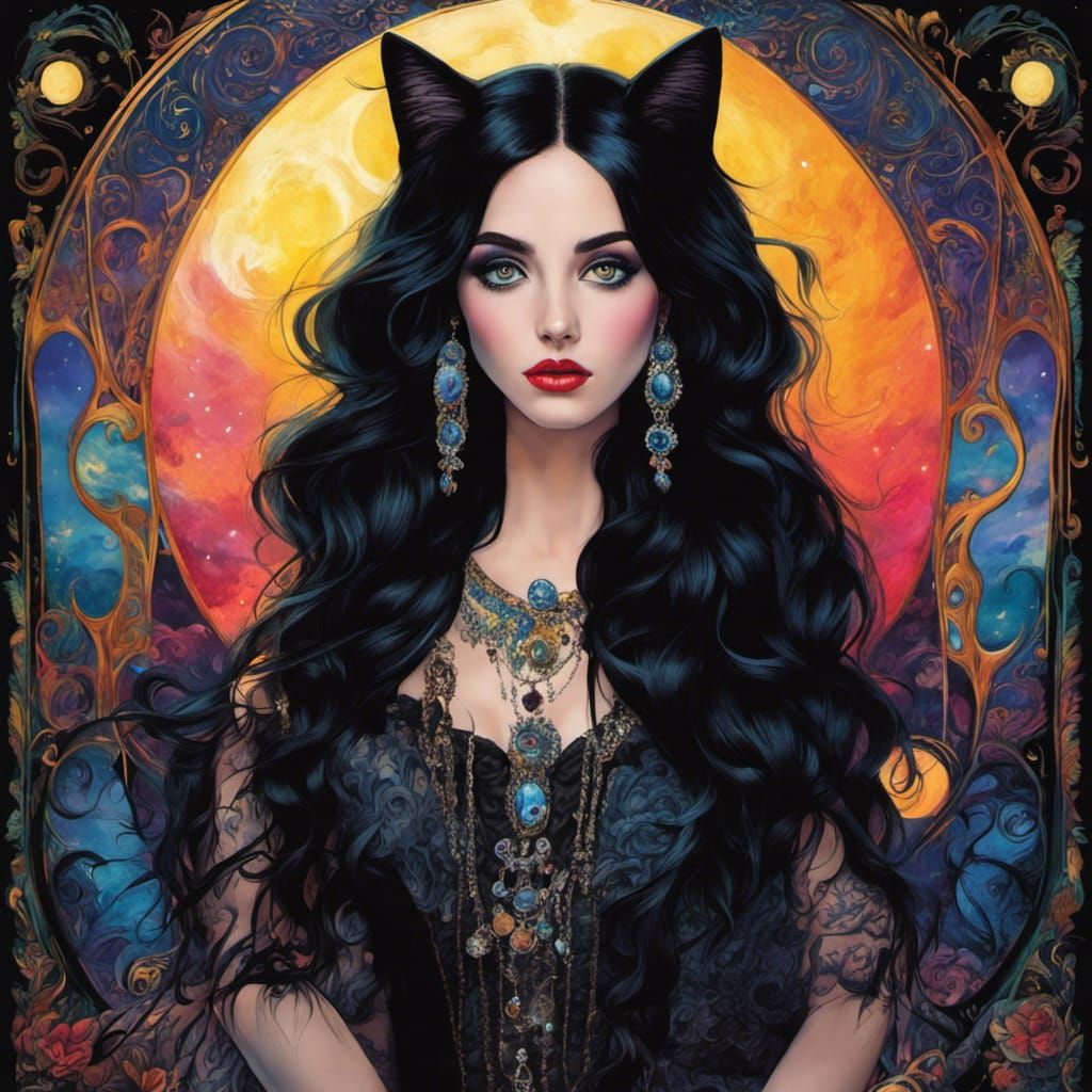 Gothic Beauty with Cat in Tim Burton Style