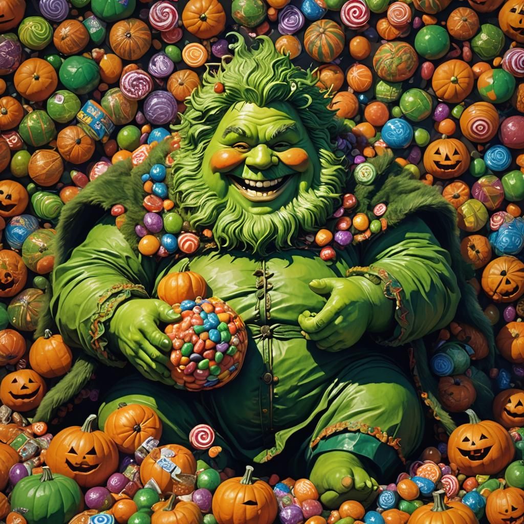 Humorous Furry Green Creature on Pumpkin Patch