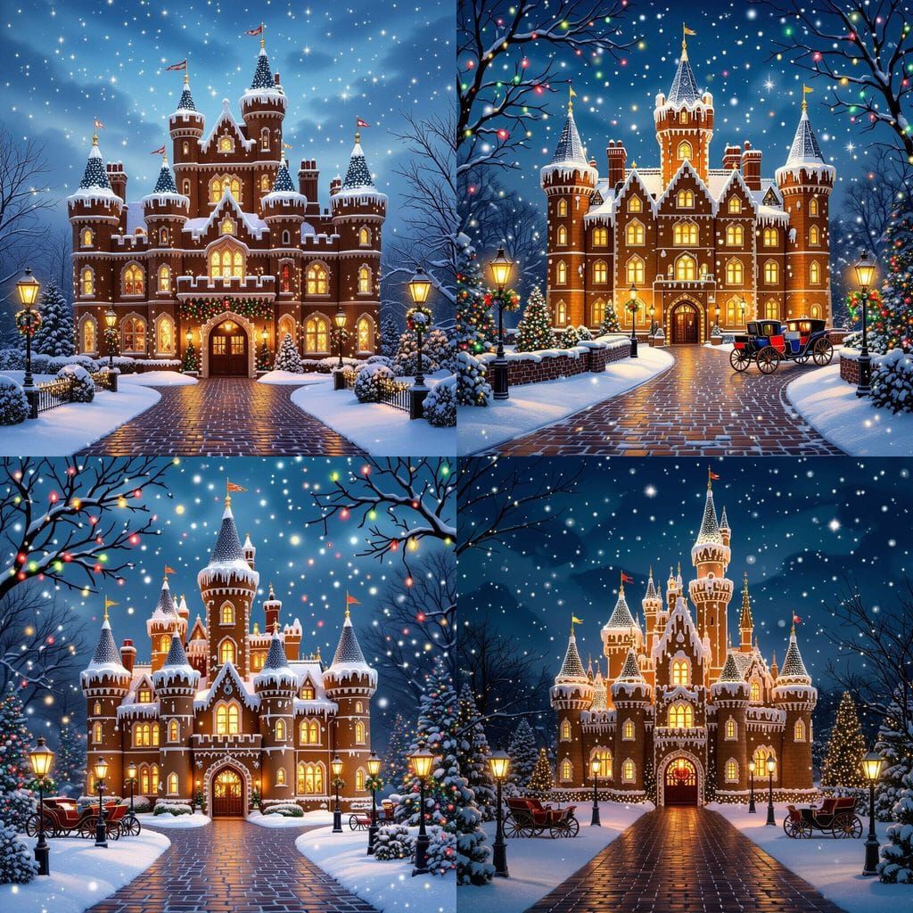 Gingerbread Castle Dazzles in Winter Snow, Stained Glass Sty...