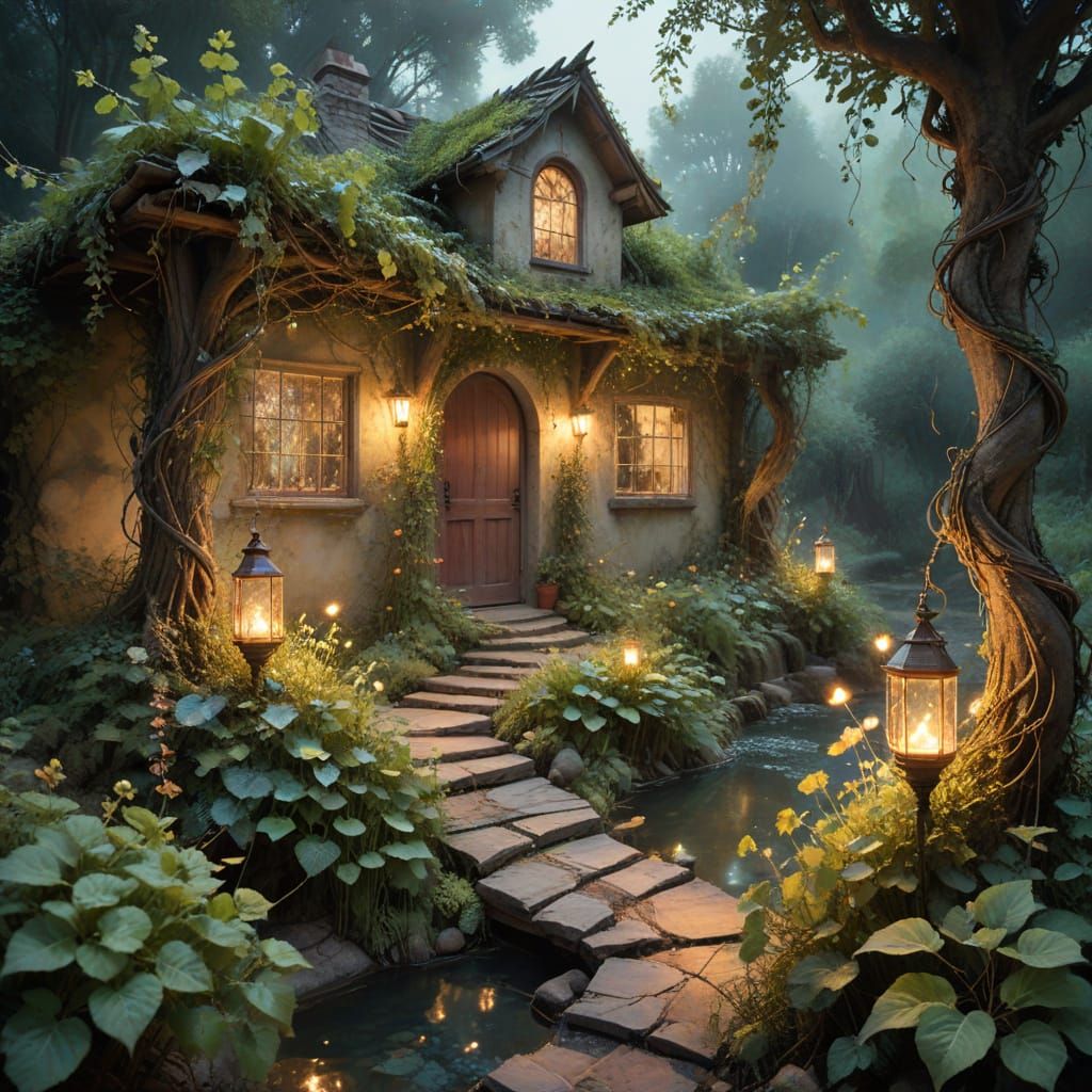 Mystical Vineyard Oasis in Whimsical Art Style