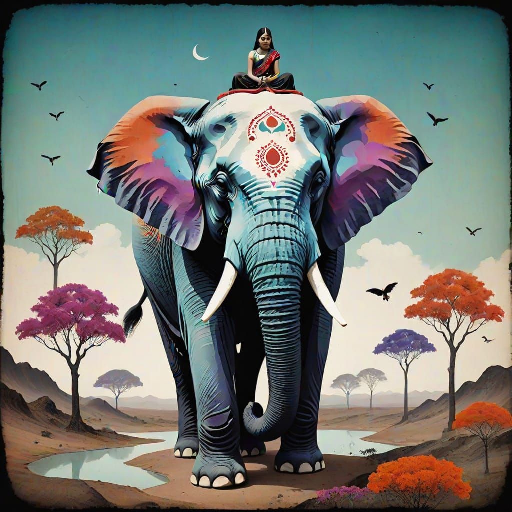 Surreal Multicolored Elephant Collage in Romantic Style