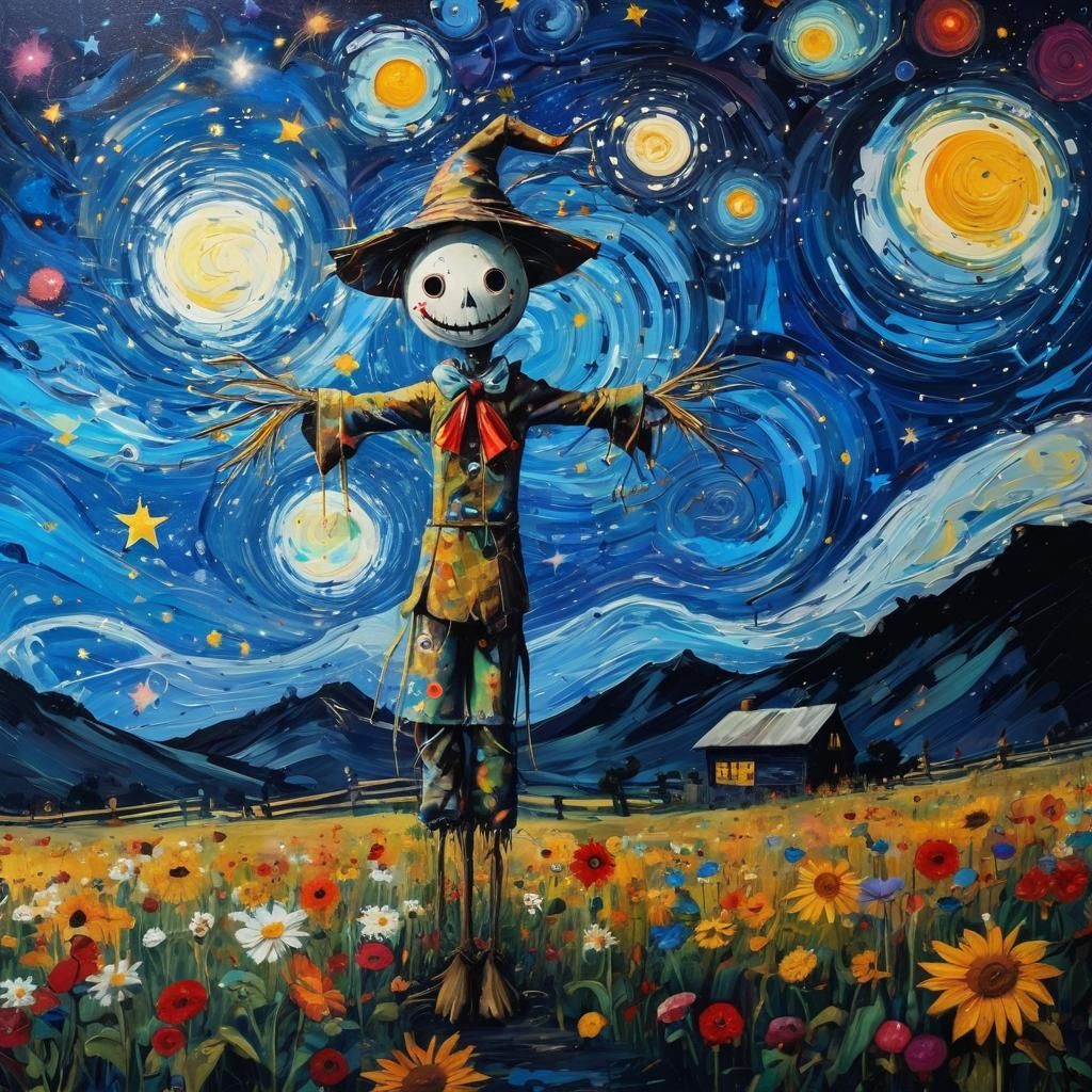 Magical Farm Scarecrow Starry Night Abstract Expressionism
