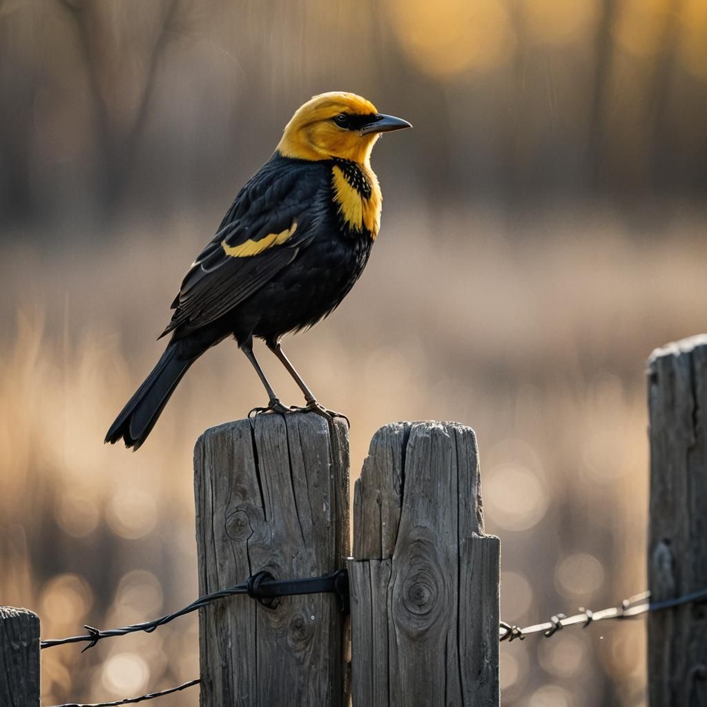 Yellow-Headed Blackbird on Fence Post