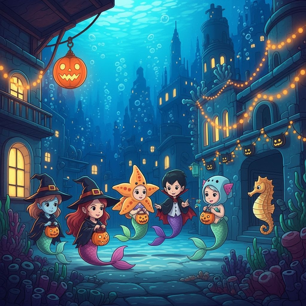 Mermaids Trick-or-Treating in Spooky Underwater City