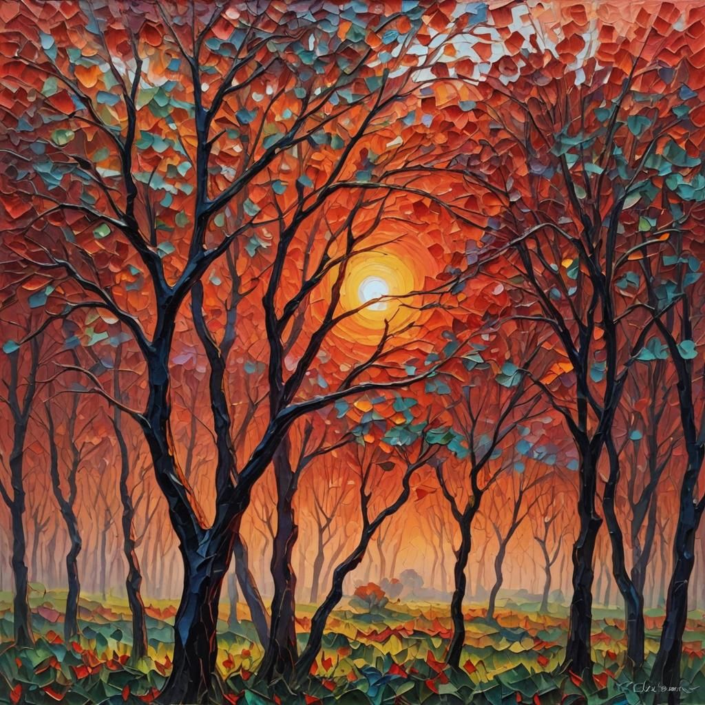 Red Morning Sun in Expressionist Oil Painting Style