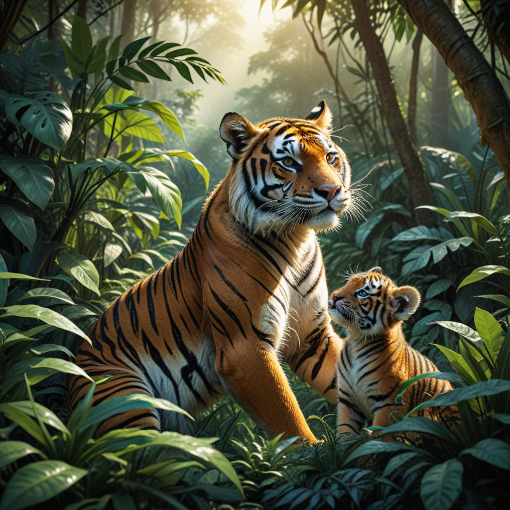Tiger Cub and Mother in Vibrant Jungle