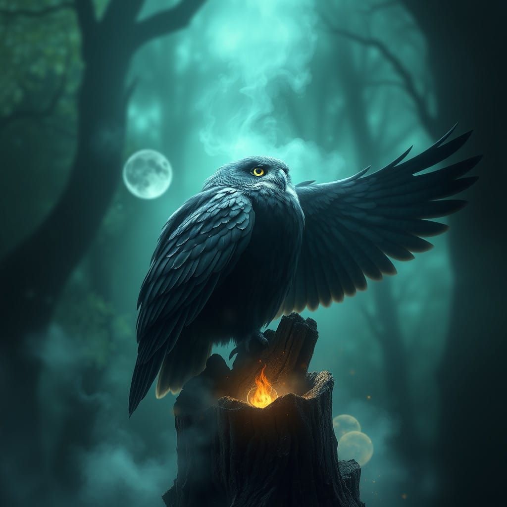 Majestic Owl Amidst Glowing Tree Stump in Ethereal Forest