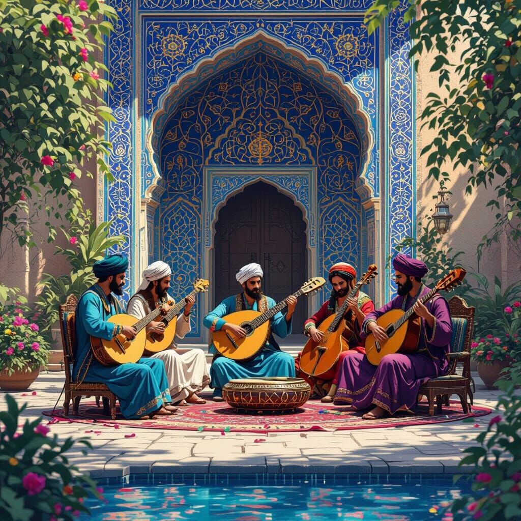 Oud Musicians Amidst Persian Architecture in Fantasy Art Sty...