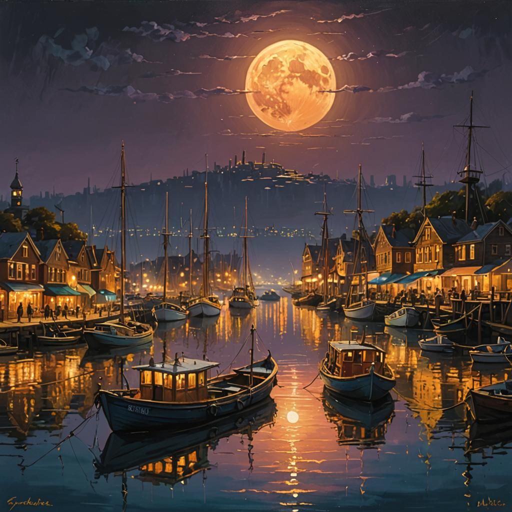 Victorian Harbour at Night with Neon Moon