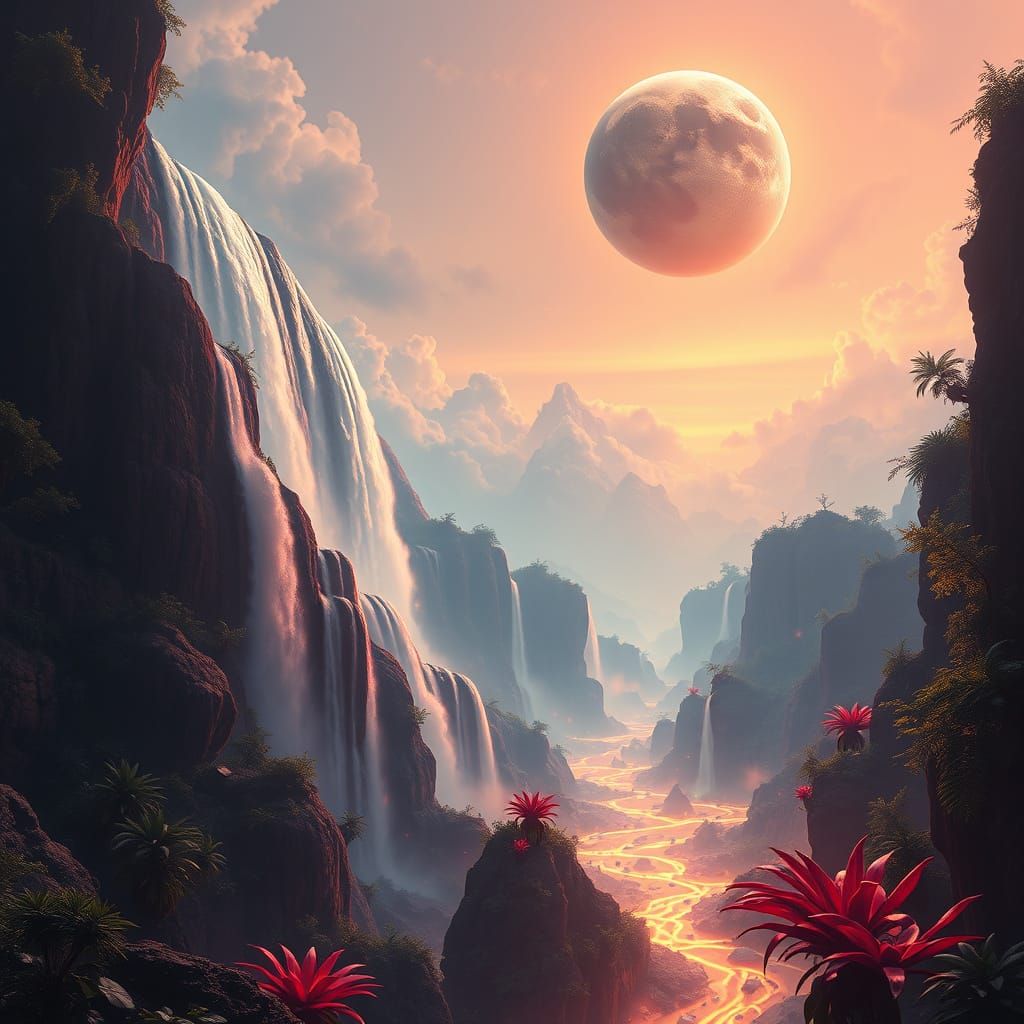 Floating Planet Waterfalls in Alien Jungle
