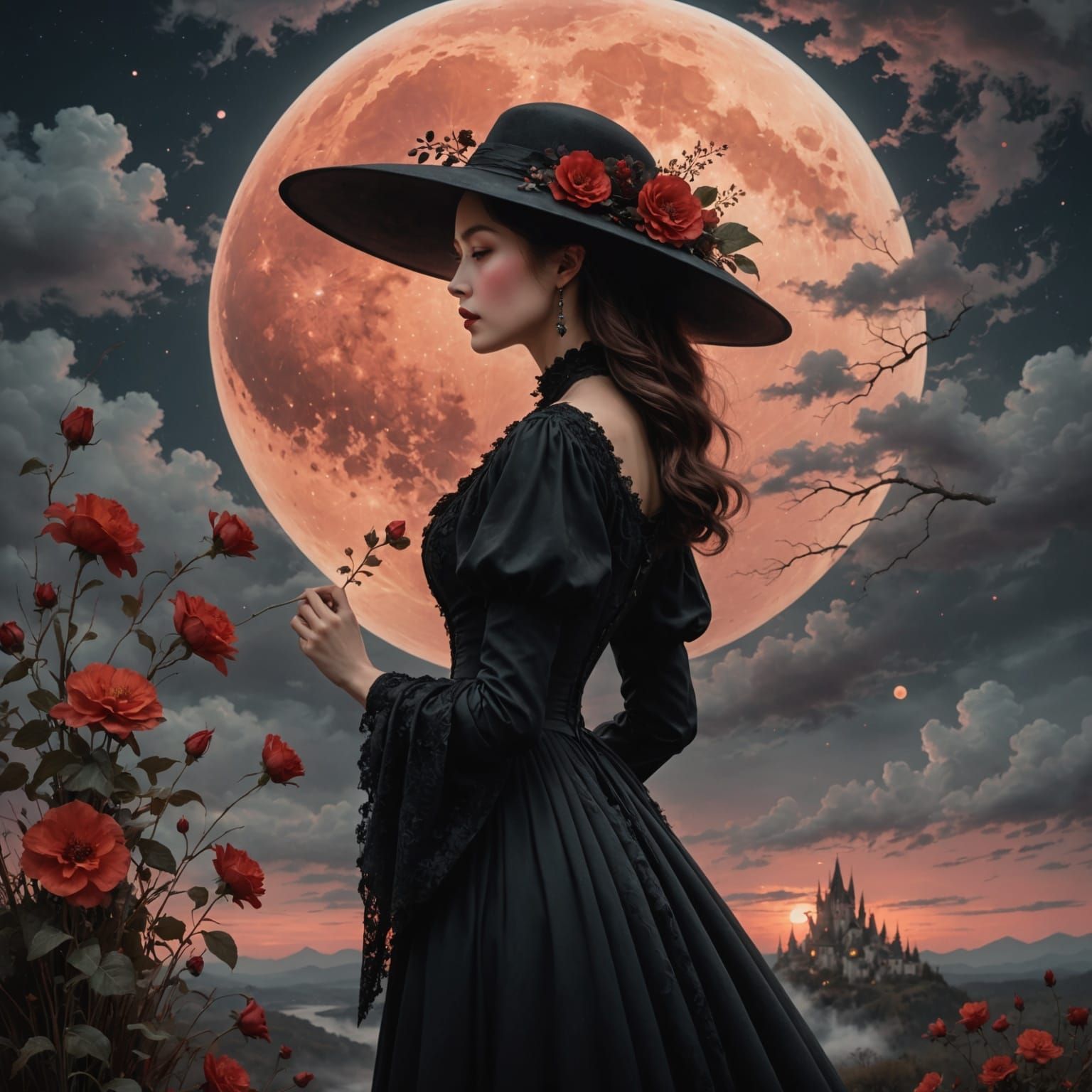 Woman in Profile Adorned with Floral Hat against Red Moon