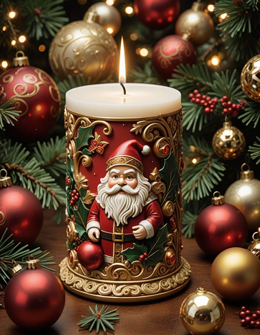 Vintage-Inspired Christmas Scene with Intricate Santa Candle