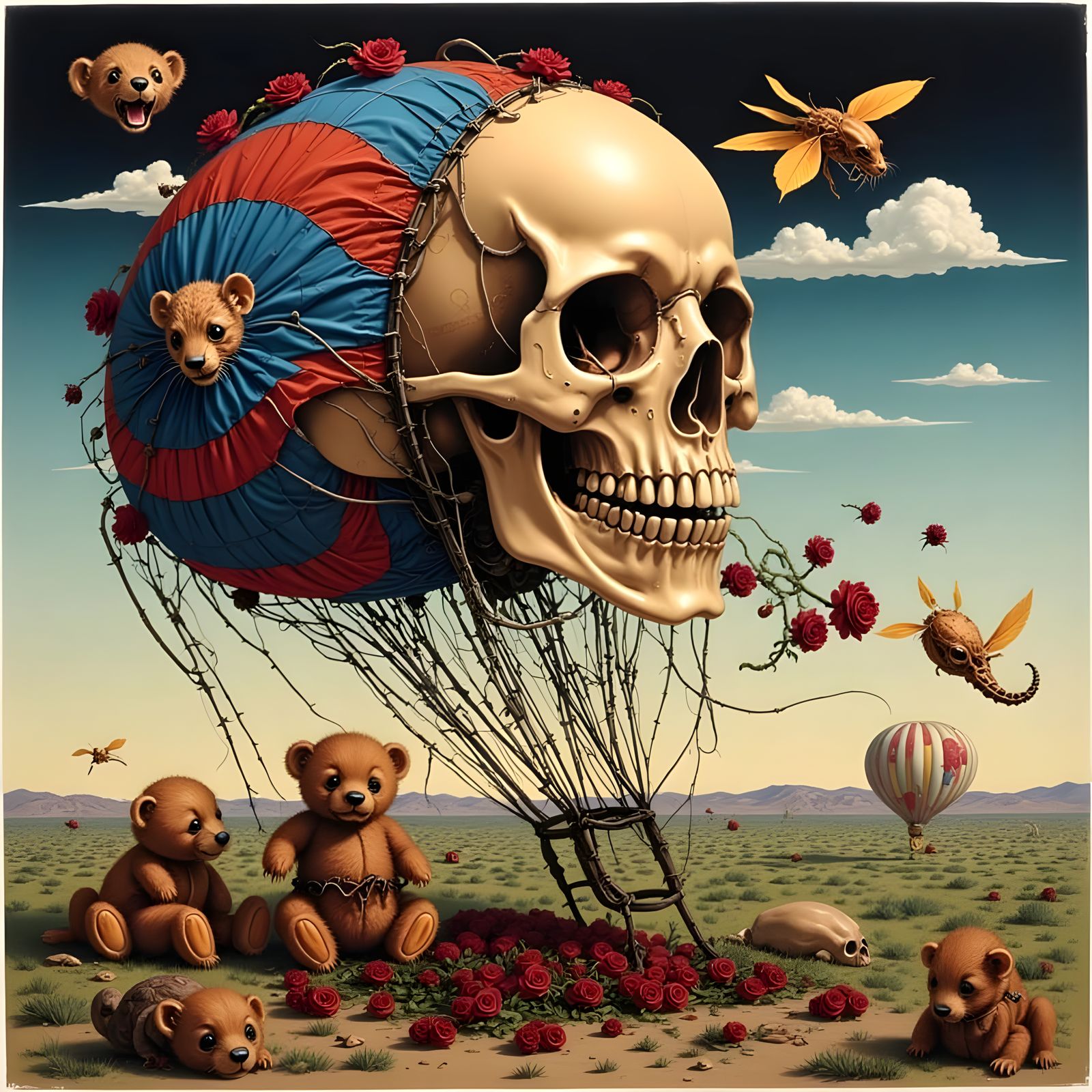 Skull Teddy Bears Throwing Roses from Balloon