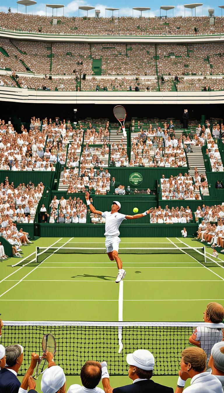 Highly realistic highly detailed 3D Surreal image of playing a tennis tournament full of power and energy at Wimbledon d...