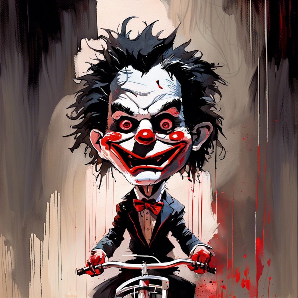 Billy the Puppet on Tricycle, Gouache Painting