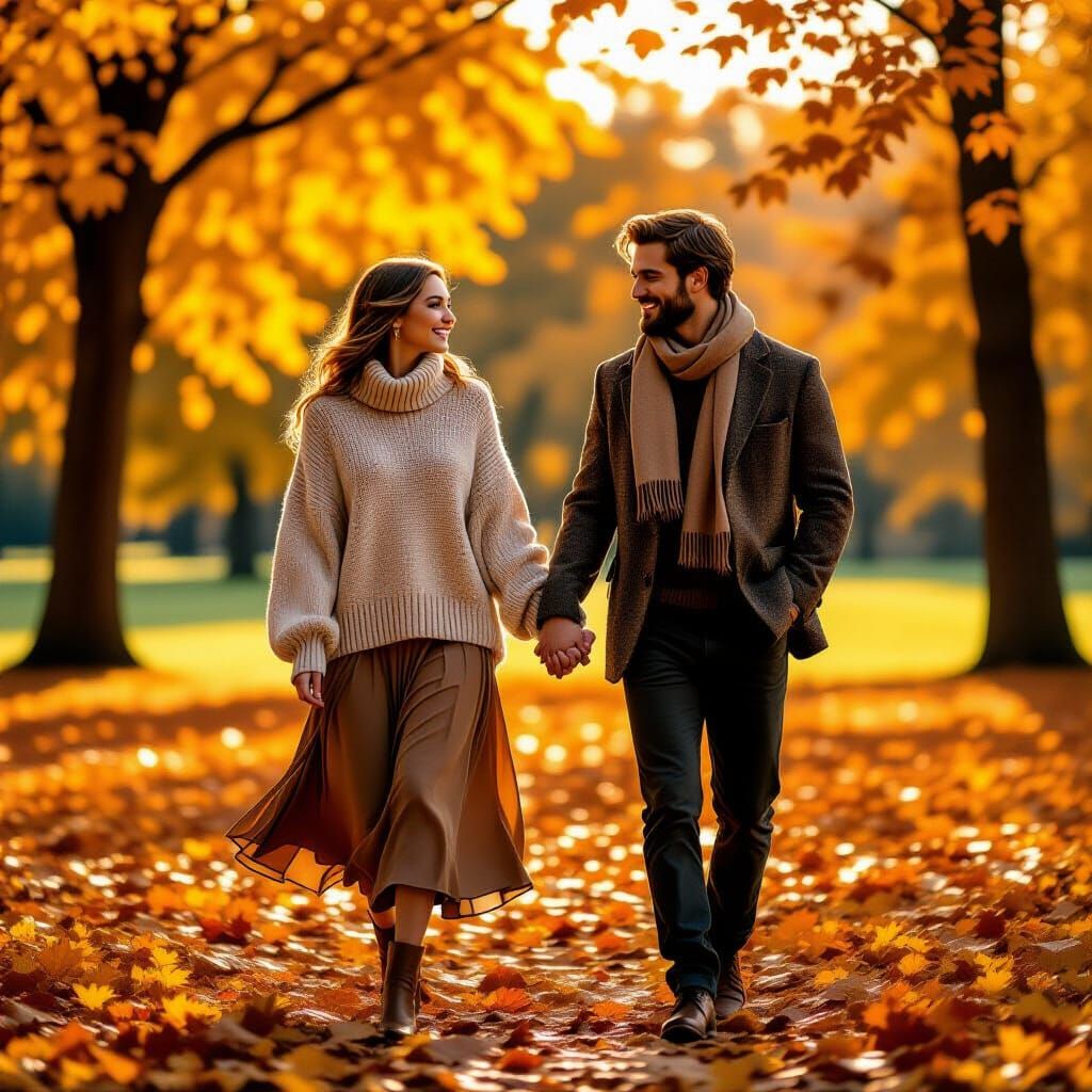 Couple in Autumn Park: Vintage Glamour Photorealism