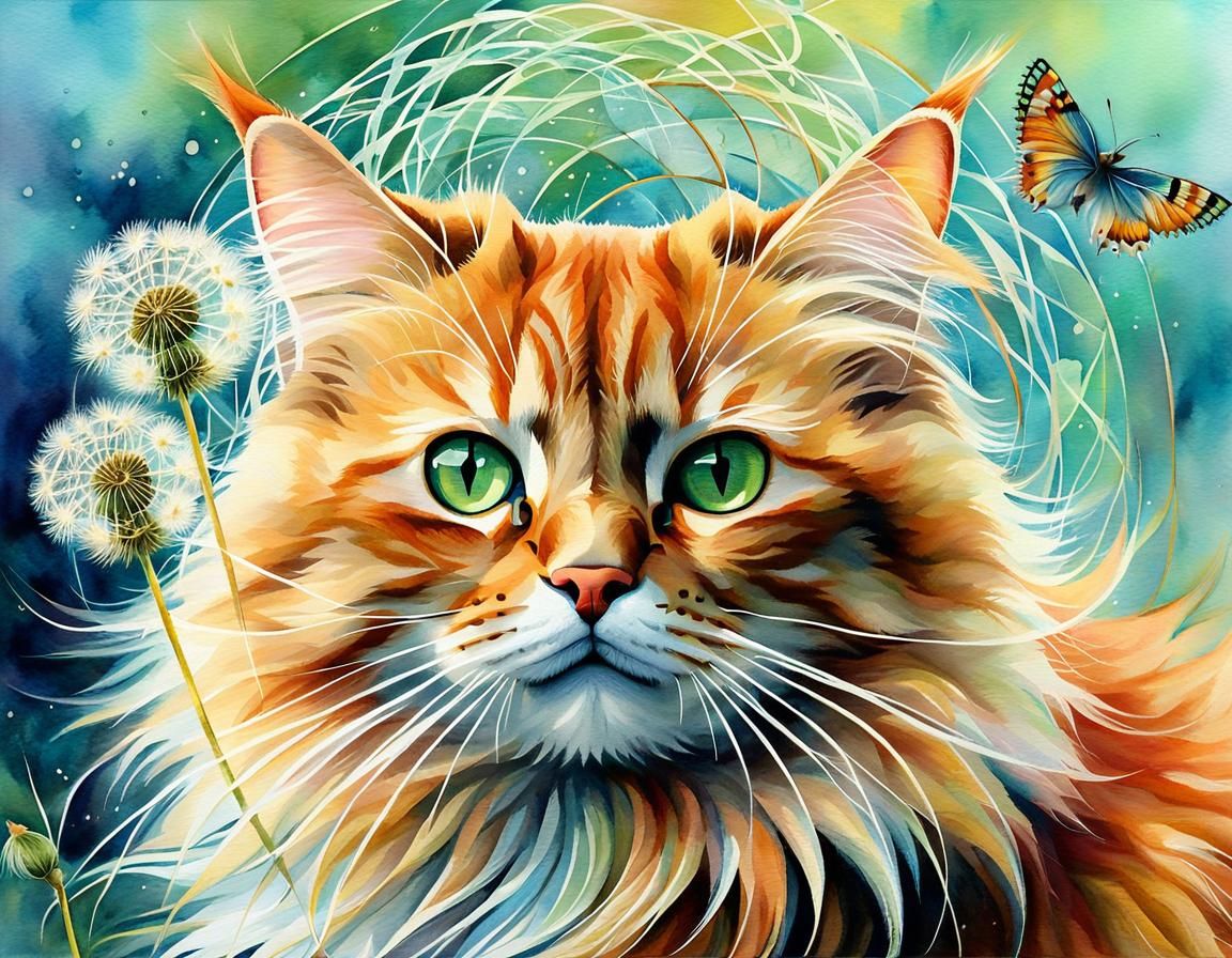 Ginger Cat with Dandelion Seeds in Watercolor