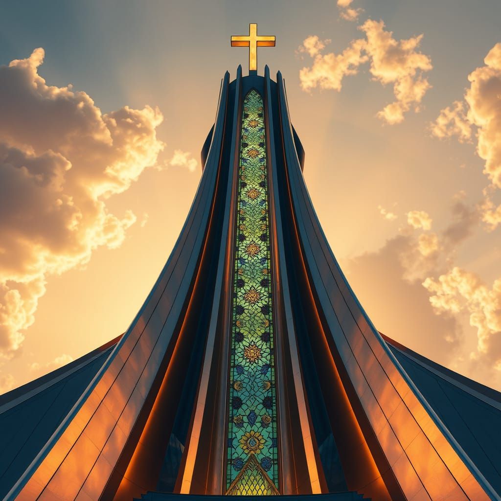 Futuristic Cathedral Touches the Golden Hour Sky