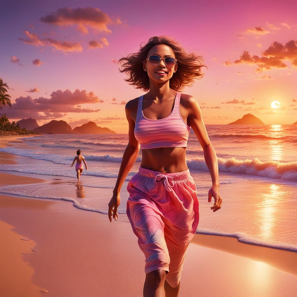 Woman Runs on Tropical Beach at Sunset: Hyper-Realistic