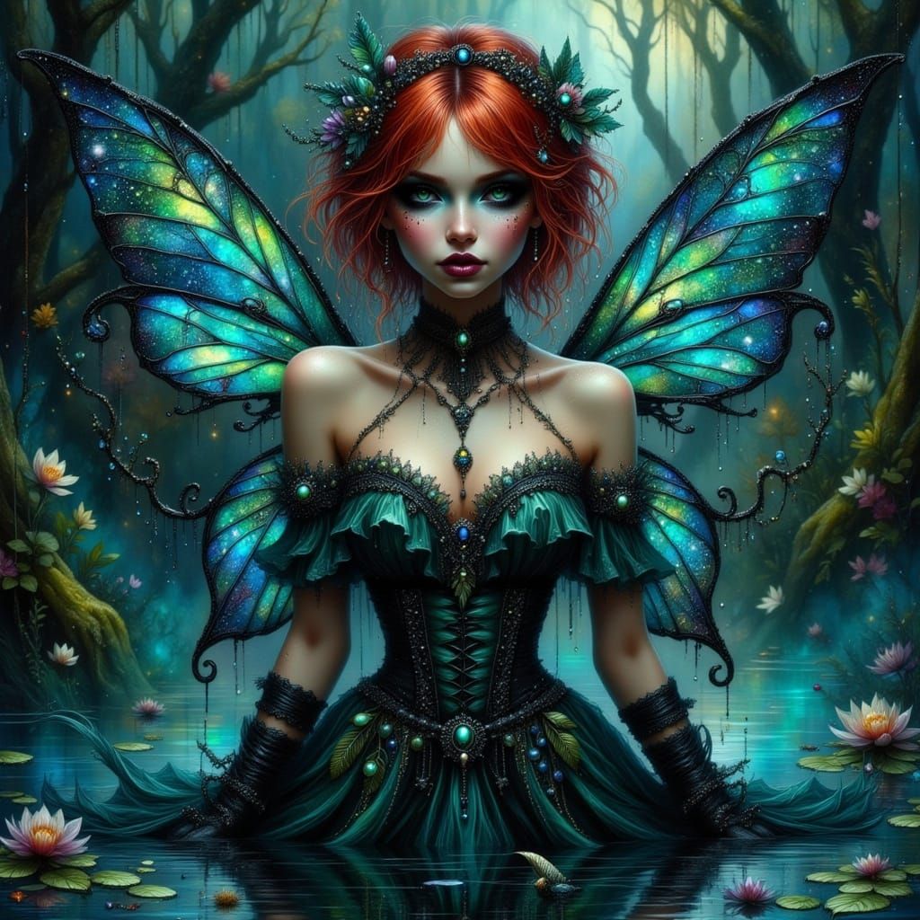 Gothic Fairy Poised in Reflective Pond