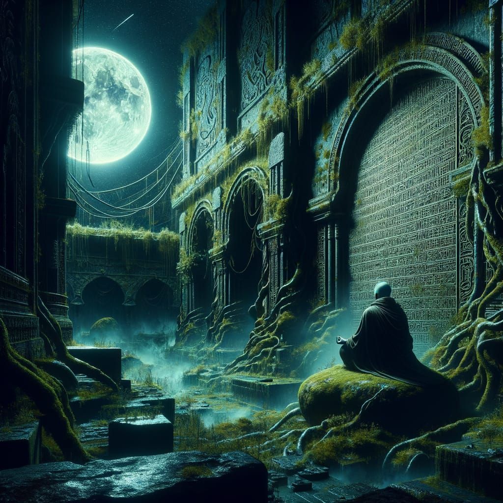 Monk Meditating in Gothic Ruined Temple