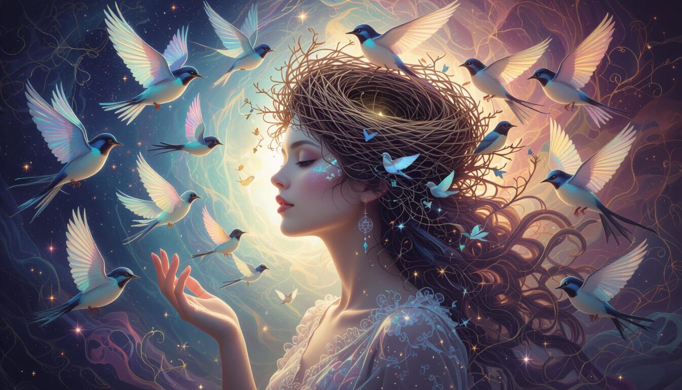 Ethereal Woman Transforms into Iridescent Birds Amidst Cosmi...